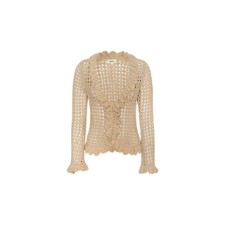 The Solaris Crocheted Cardigan features a beige open-stitch crochet design with long sleeves and delicate ruffled trim along the open front, hem, and cuffs. Displayed against a plain white background, this cardigan is an ideal lightweight layer for effortless style.