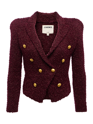 The Bethany Knit Blazer by L'AGENCE features a textured maroon knit, long sleeves, notched lapels, and gold double-breasted buttons for a sculpted silhouette.