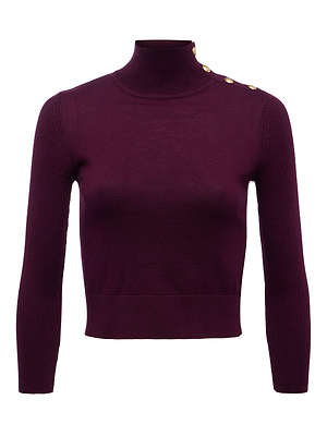 The Kamdyn Cropped Sweater by L'AGENCE is a dark purple, long-sleeve ribbed top with a mock neck and gold buttons on one shoulder.