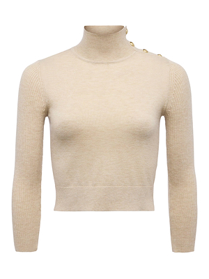 The L'AGENCE Kamdyn Cropped Sweater is a beige, long-sleeve ribbed knit turtleneck with gold snap buttons on one shoulder, shown against a plain white background.