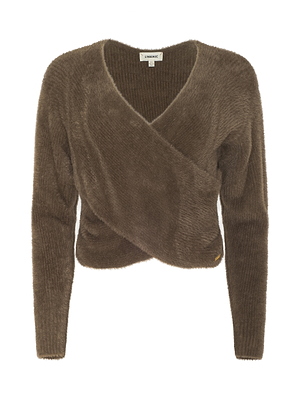 The Antonella Crossover Sweater is a brown, long-sleeved, fuzzy wrap with a V-neck and crisscross front in soft knit fabric, offering cozy chic style. Shown on a white background.