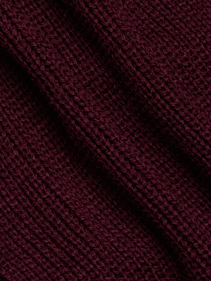 Close-up of the Antonella Crossover Sweater by L'AGENCE in a rich burgundy knit, highlighting its detailed woven patterns and soft, raised fibers—an ideal texture for its cozy, oversized fit.