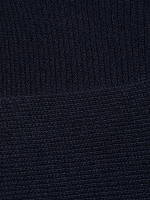 Close-up of the Antonella Crossover Sweater in midnight blue, featuring a finer ribbed texture on top and a wider, flatter weave below.