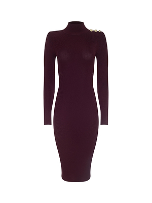 The L'AGENCE Larelle Midi Dress is a fitted, long-sleeve ribbed knit dress in dark burgundy featuring a mock neckline and three gold buttons on one shoulder, shown against a plain white background.