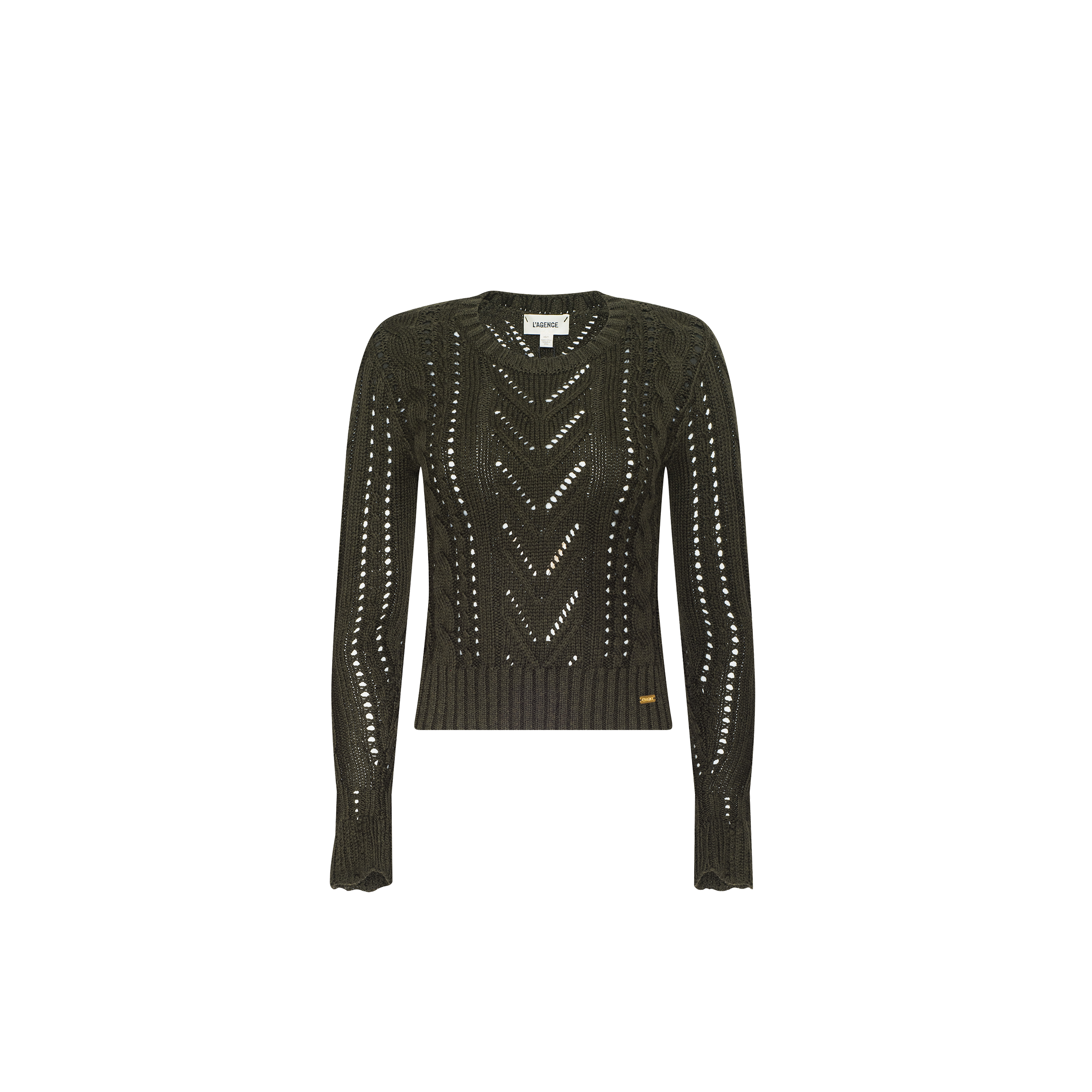 The Mio Cabled Pullover, an olive green long-sleeve cotton-blend knit sweater featuring a chevron openwork pattern, cabled crewneck, and ribbed cuffs and hem, is displayed on a plain white background.