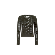The Mio Cabled Pullover, an olive green long-sleeve cotton-blend knit sweater featuring a chevron openwork pattern, cabled crewneck, and ribbed cuffs and hem, is displayed on a plain white background.