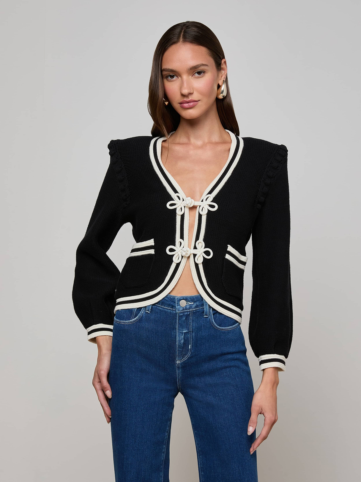 Kaito Cropped Cardigan in Black/Ivory | L'AGENCE