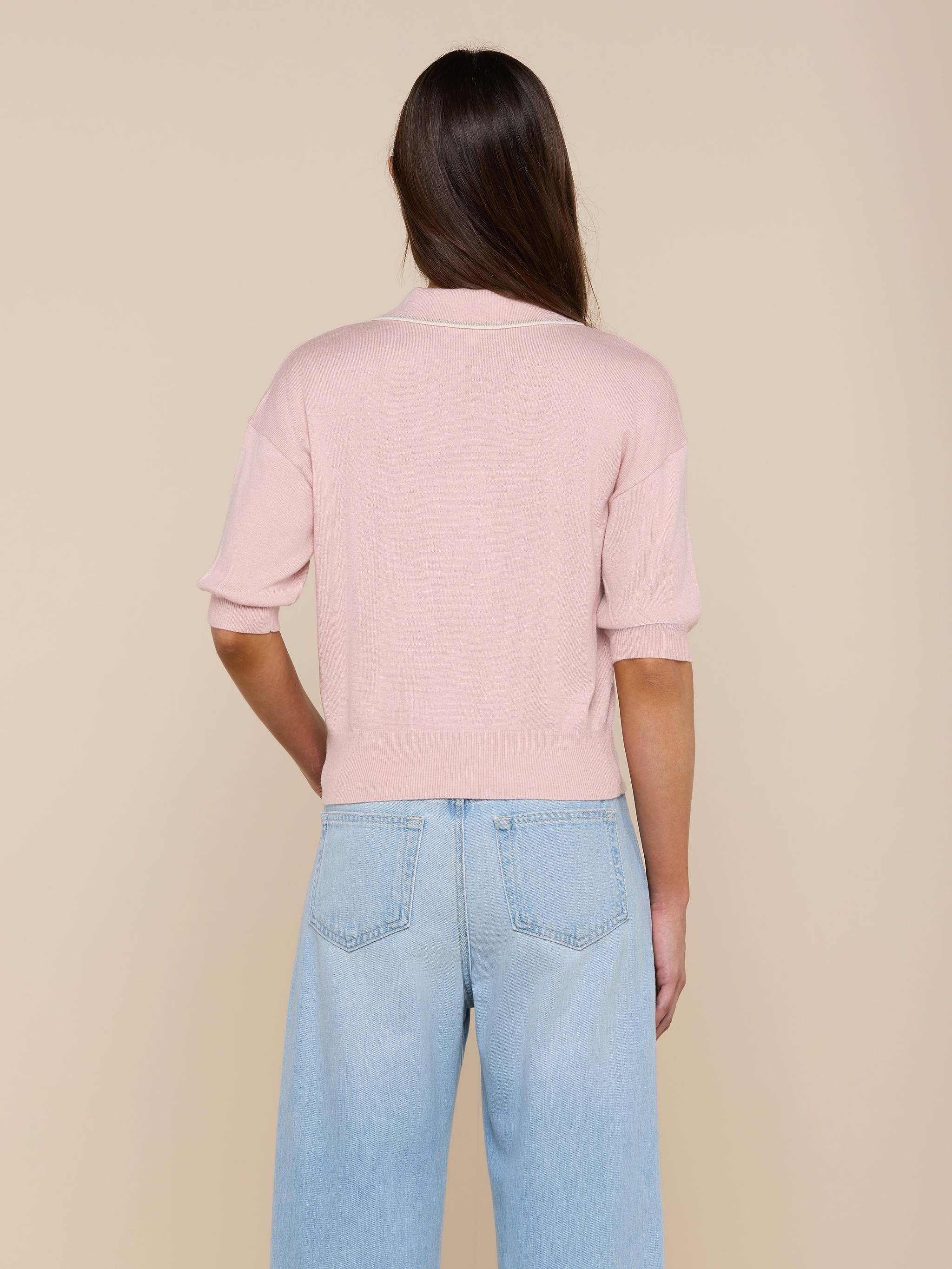 A person with long brown hair is shown from the back against a plain light background, wearing the Masaki Cropped Sweater in light pink and light blue jeans.