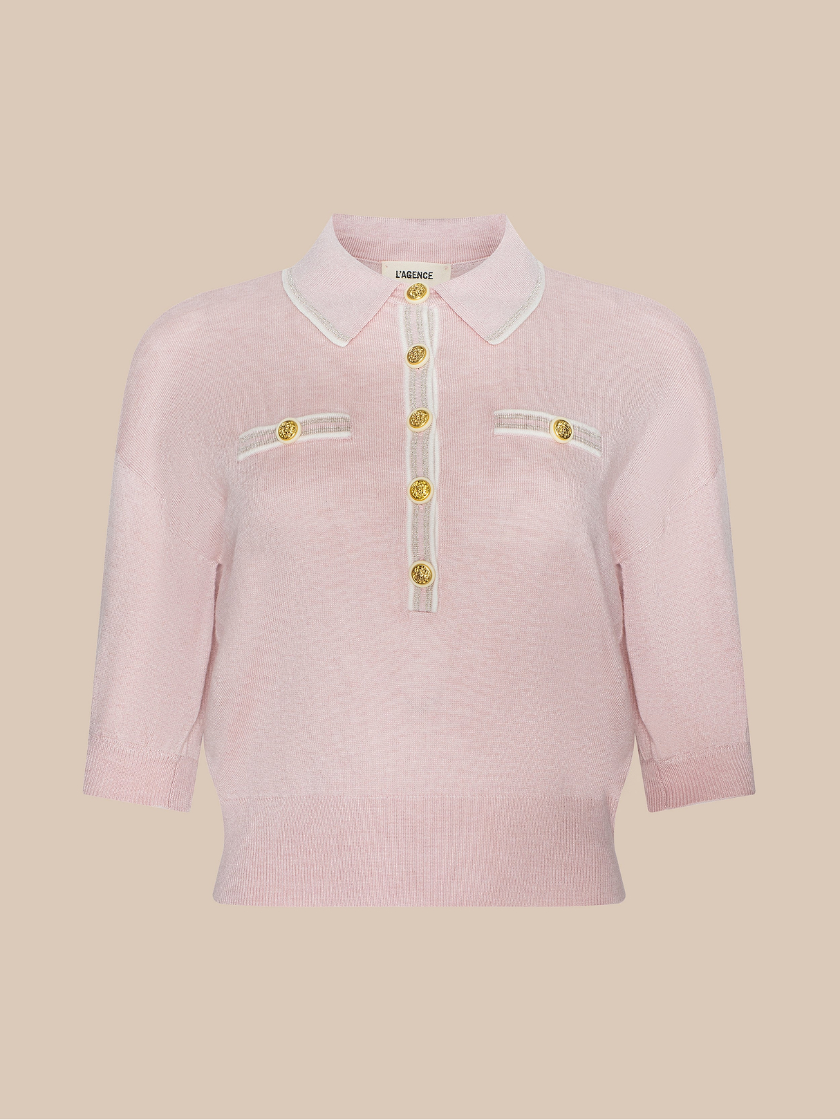 Masaki Cropped Sweater in Nectar Pink/Ivory/Gold Lurex | L'AGENCE