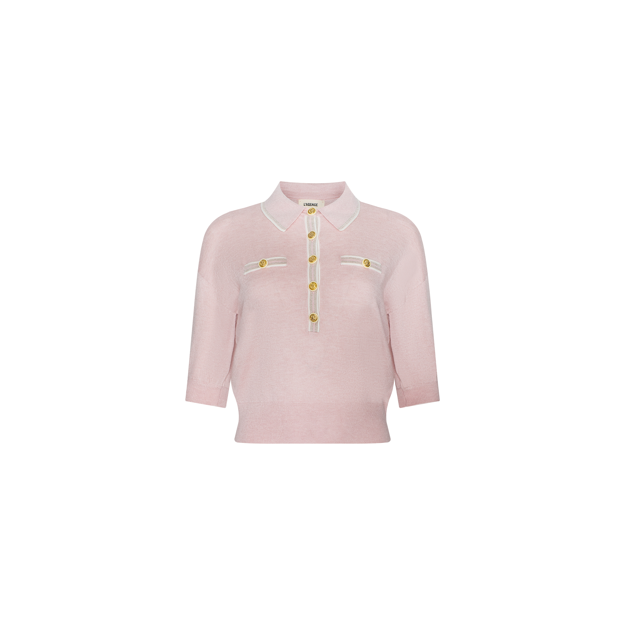 The Masaki Cropped Sweater is a light pink, featherweight knit polo top with short sleeves, a white-trimmed collar, four gold buttons down the front, and two chest pockets adorned with matching buttons. This shirt features a fitted silhouette.