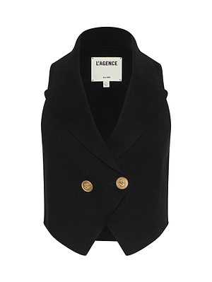 The Zadie Knit Vest is a black sleeveless knit vest with a notched collar, gold double-breasted buttons, and a white L’AGENCE label at the neckline, embodying minimalist glamour against a plain white background.