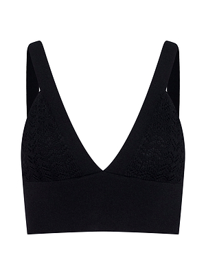 The Reverie Pointelle Knit Bralette is black, seamless, with a deep V-neckline and wide straps. Its cups have a subtle pointelle knit texture, and a smooth elastic band under the bust offers comfort. Displayed on a plain white background.