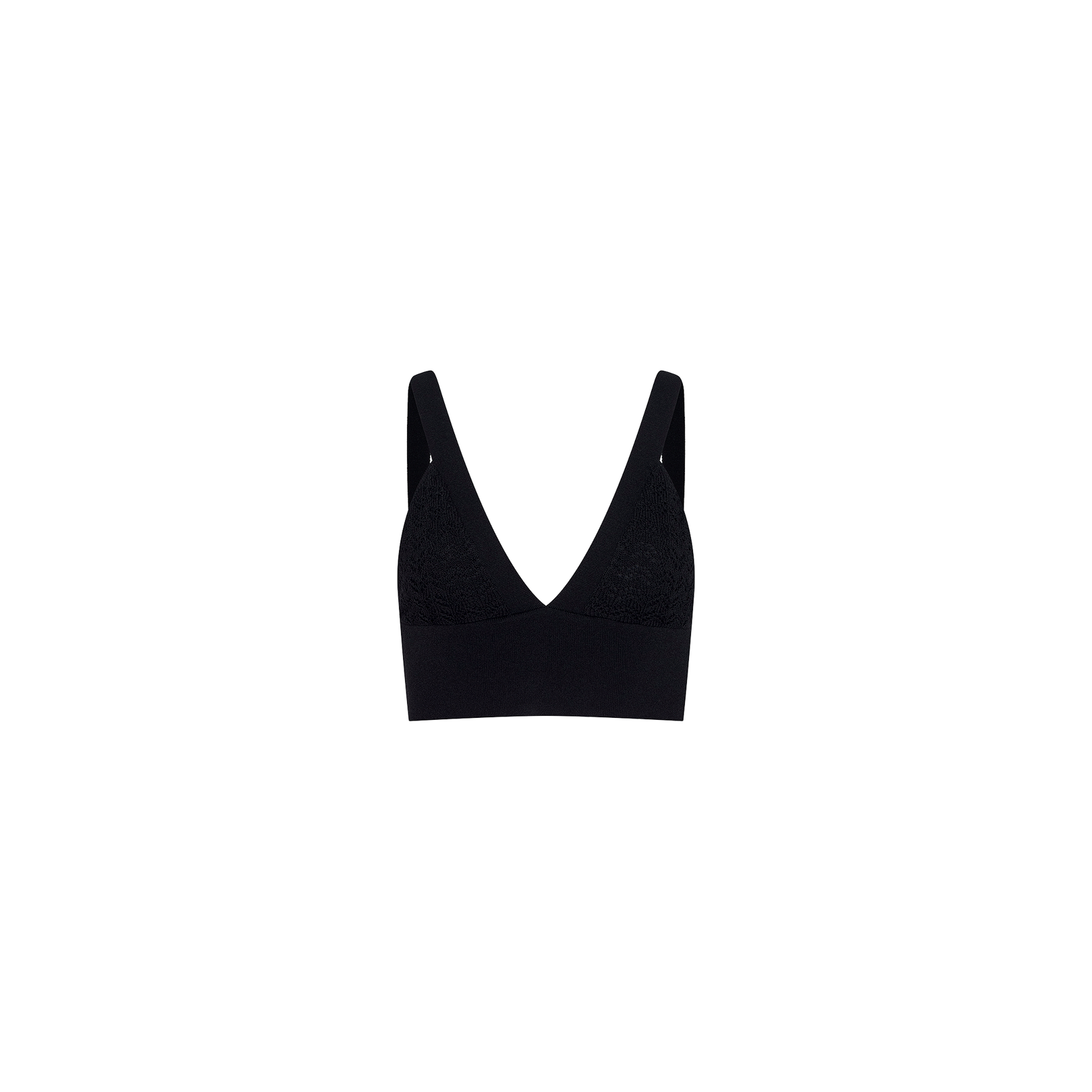 The Reverie Pointelle Knit Bralette, featuring wide shoulder straps, a deep V-neckline, and a smooth, seamless design in black, is displayed on a plain white background.