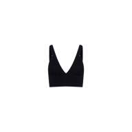 The Reverie Pointelle Knit Bralette, featuring wide shoulder straps, a deep V-neckline, and a smooth, seamless design in black, is displayed on a plain white background.