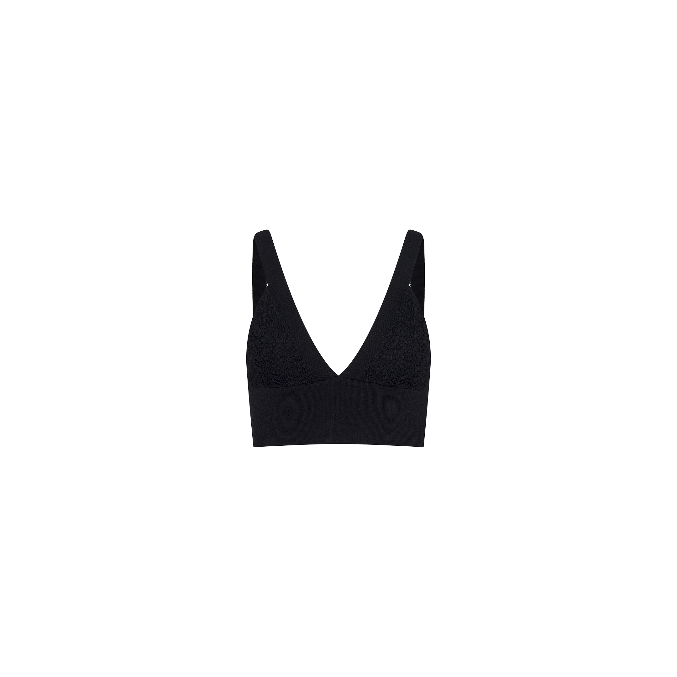 The Reverie Pointelle Knit Bralette, featuring wide shoulder straps, a deep V-neckline, and a smooth, seamless design in black, is displayed on a plain white background.