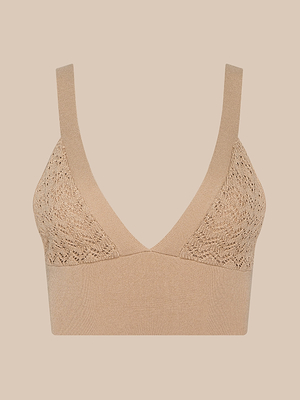 La bralette Reverie Pointelle Knit Bralette présente de larges bretelles, un décolleté en V profond et des bonnets en dentelle pointelle texturée, sur un fond beige clair uni.