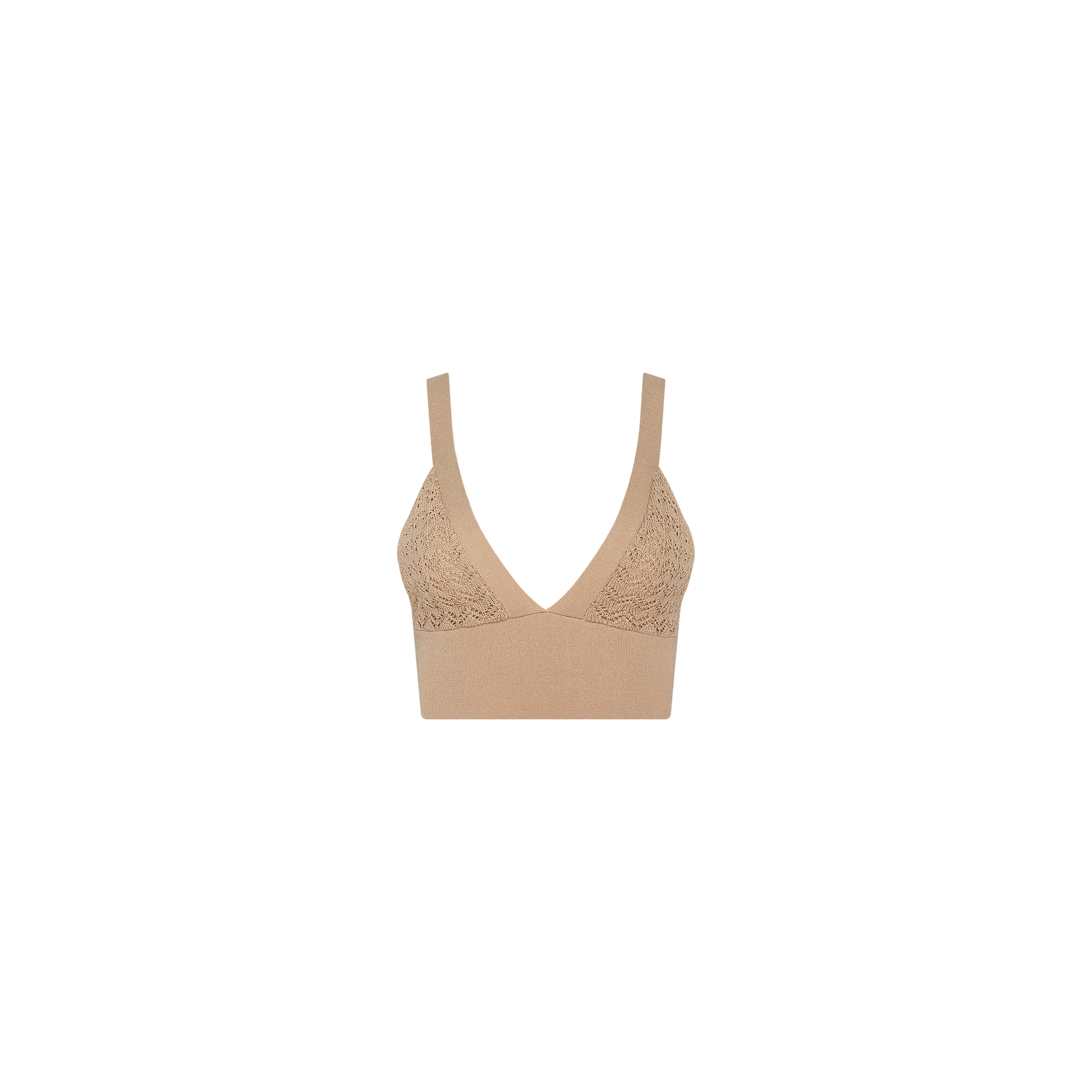 The Reverie Pointelle Knit Bralette features a beige hue with lace detailing on the cups, wide shoulder straps, and a deep V-neckline, accentuated by delicate pointelle knit accents. It is displayed on a plain white background.