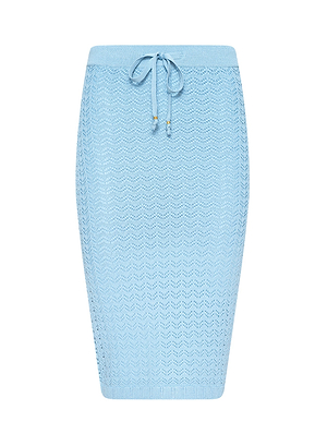 The Lacen Pointelle Knit Skirt is a light blue crochet pencil skirt with a zigzag pattern and adjustable drawstring waist, crafted in breathable knit for comfort. This stylish midi-length piece is shown on a plain white background.