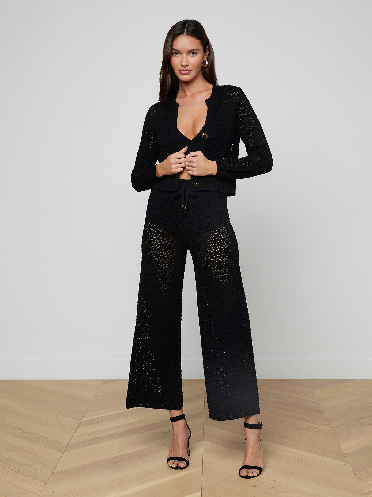 Orla Pointelle Knit Cardigan in Black/Gold | L'AGENCE