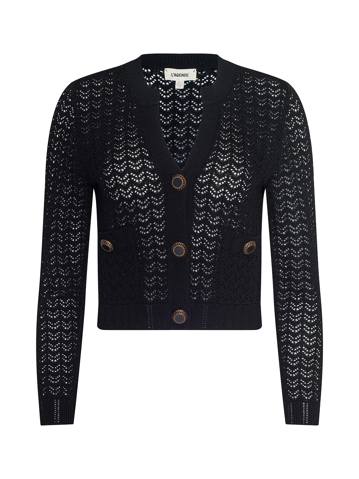 Orla Pointelle Knit Cardigan in Black/Gold | L'AGENCE