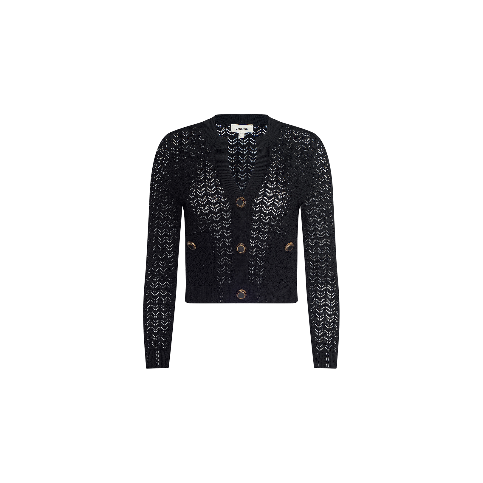 The Orla Pointelle Knit Cardigan is a black, long-sleeve, button-up cardigan featuring a chevron pointelle knit pattern, V-neckline, and three large brown buttons down the front. Displayed on a plain white background, this lightweight cardigan makes an ideal beach cover-up.
