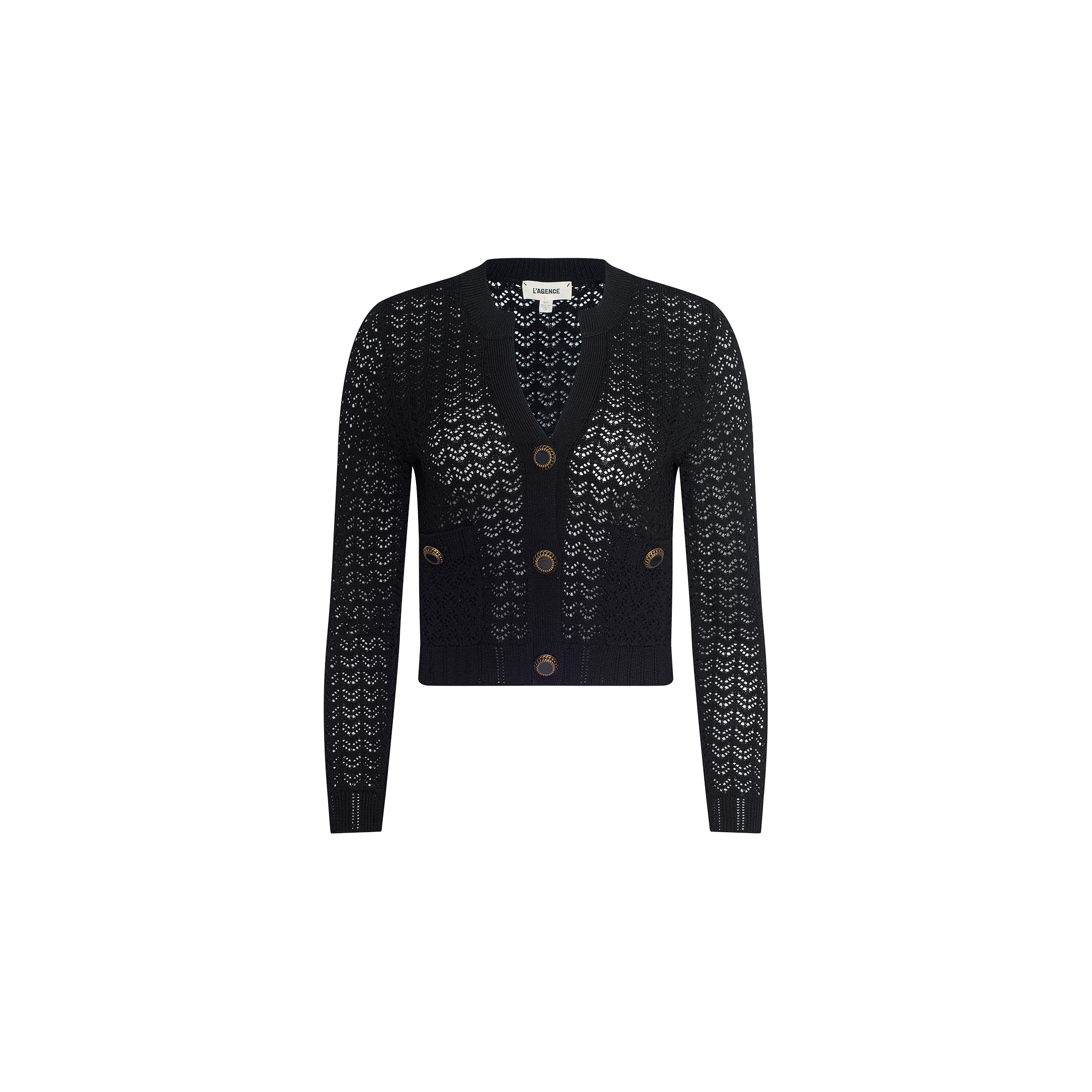 The Orla Pointelle Knit Cardigan is a black, long-sleeve, button-up cardigan featuring a chevron pointelle knit pattern, V-neckline, and three large brown buttons down the front. Displayed on a plain white background, this lightweight cardigan makes an ideal beach cover-up.