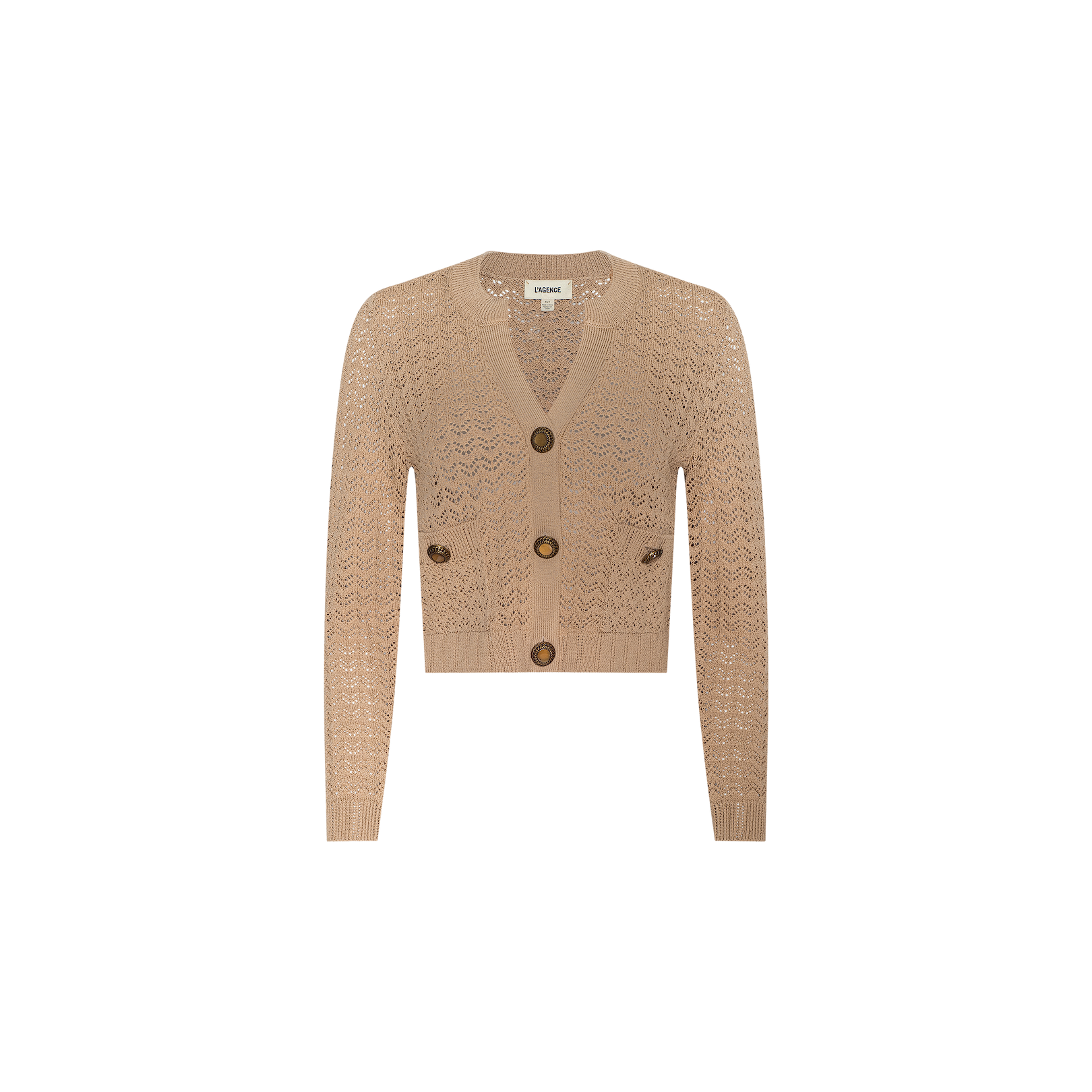 The Orla Pointelle Knit Cardigan is a beige, long-sleeve cardigan featuring a V-neck, three large brown buttons, and a cropped fit. This chic resort wear piece is crafted with a pointelle knit design and showcased against a plain white background.