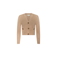 The Orla Pointelle Knit Cardigan is a beige, long-sleeve cardigan featuring a V-neck, three large brown buttons, and a cropped fit. This chic resort wear piece is crafted with a pointelle knit design and showcased against a plain white background.