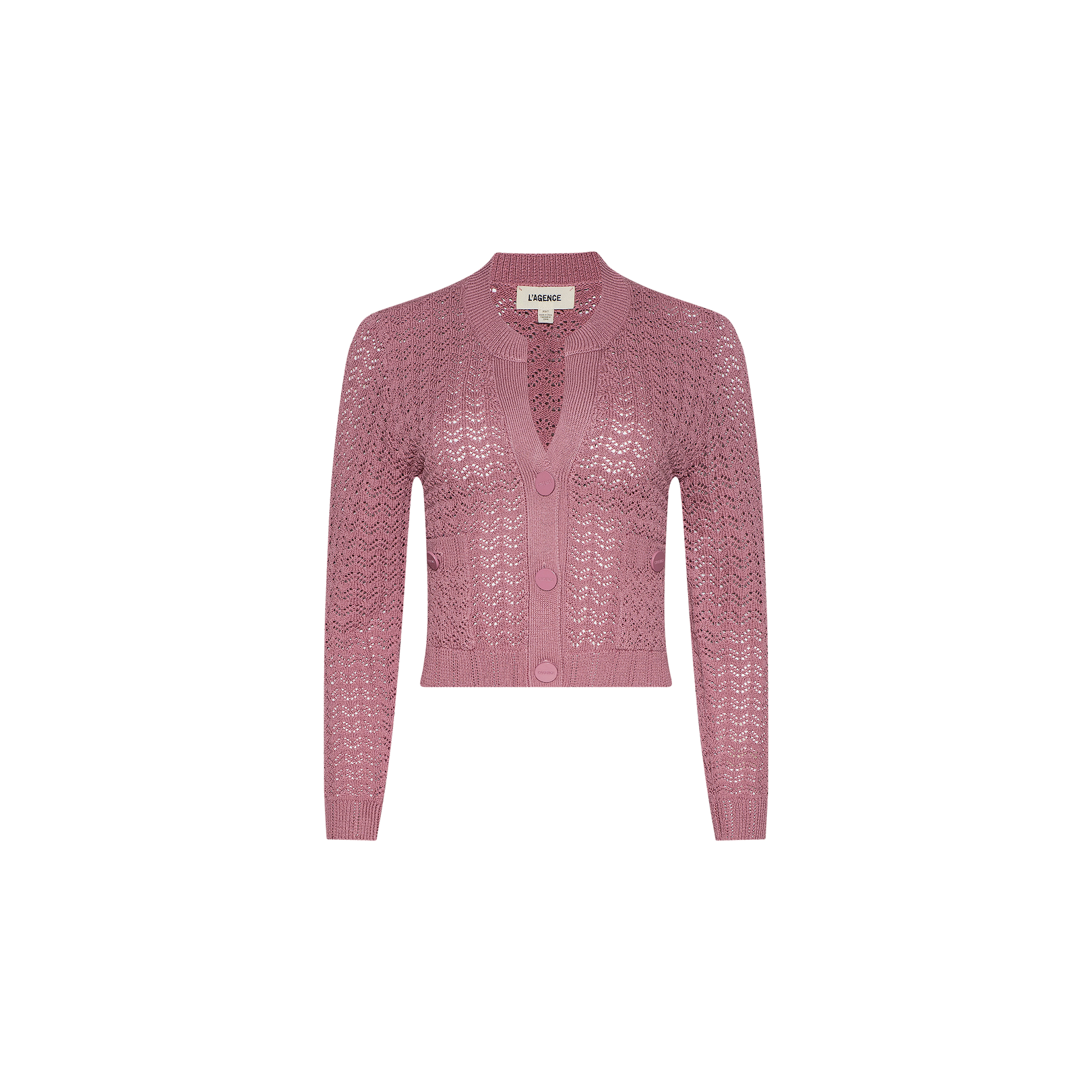 The Orla Pointelle Knit Cardigan is a long-sleeve, mauve cardigan featuring a V-neckline and front button closure, shown against a plain white background.