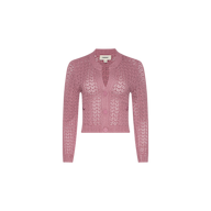 The Orla Pointelle Knit Cardigan is a long-sleeve, mauve cardigan featuring a V-neckline and front button closure, shown against a plain white background.
