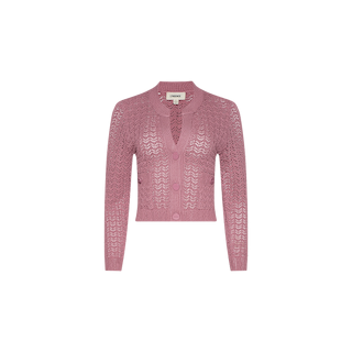 The Orla Pointelle Knit Cardigan is a mauve, long-sleeve cardigan featuring a V-neckline, front buttons, and a chevron pointelle knit pattern, shown against a plain white background.