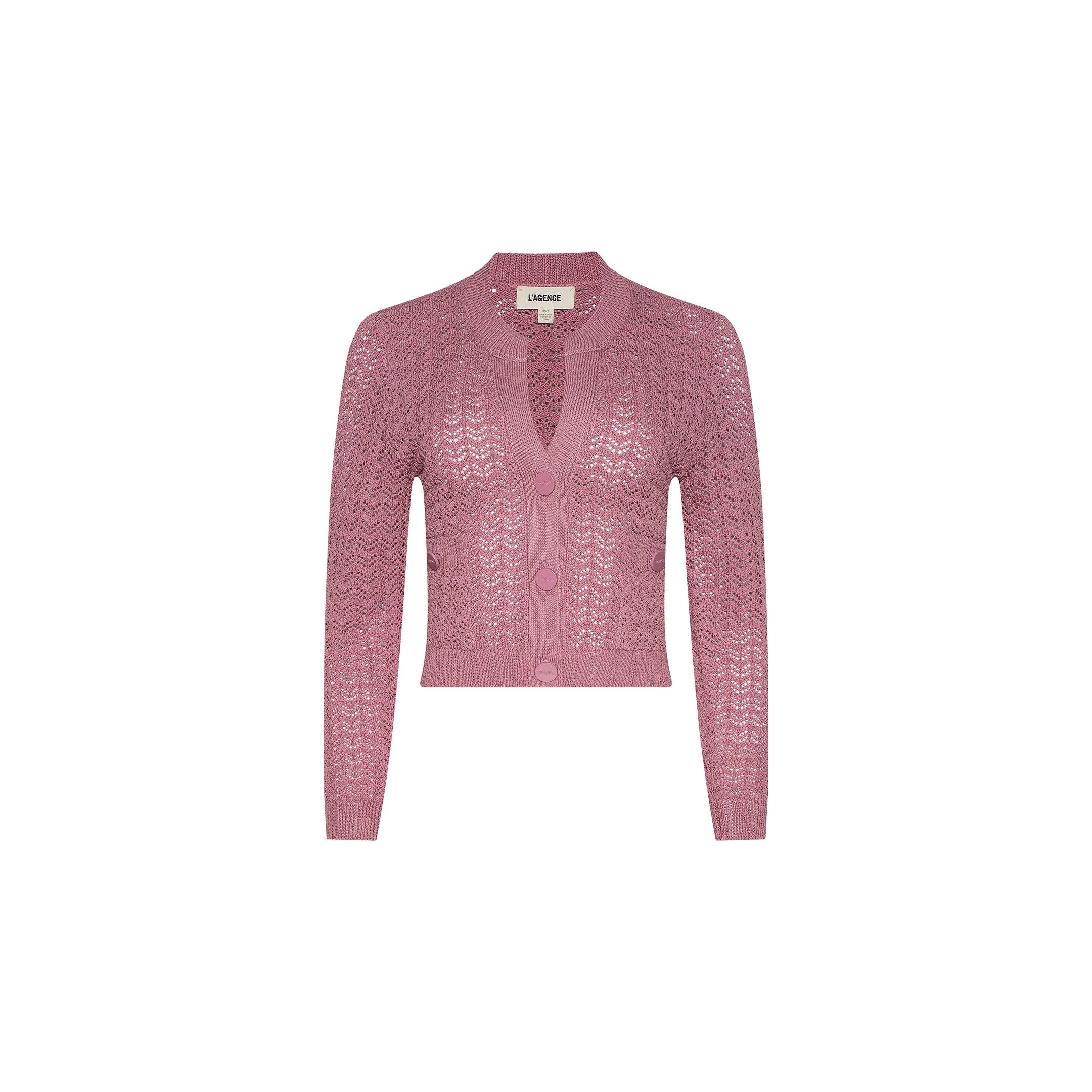 The Orla Pointelle Knit Cardigan is a long-sleeve, mauve cardigan featuring a V-neckline and front button closure, shown against a plain white background.