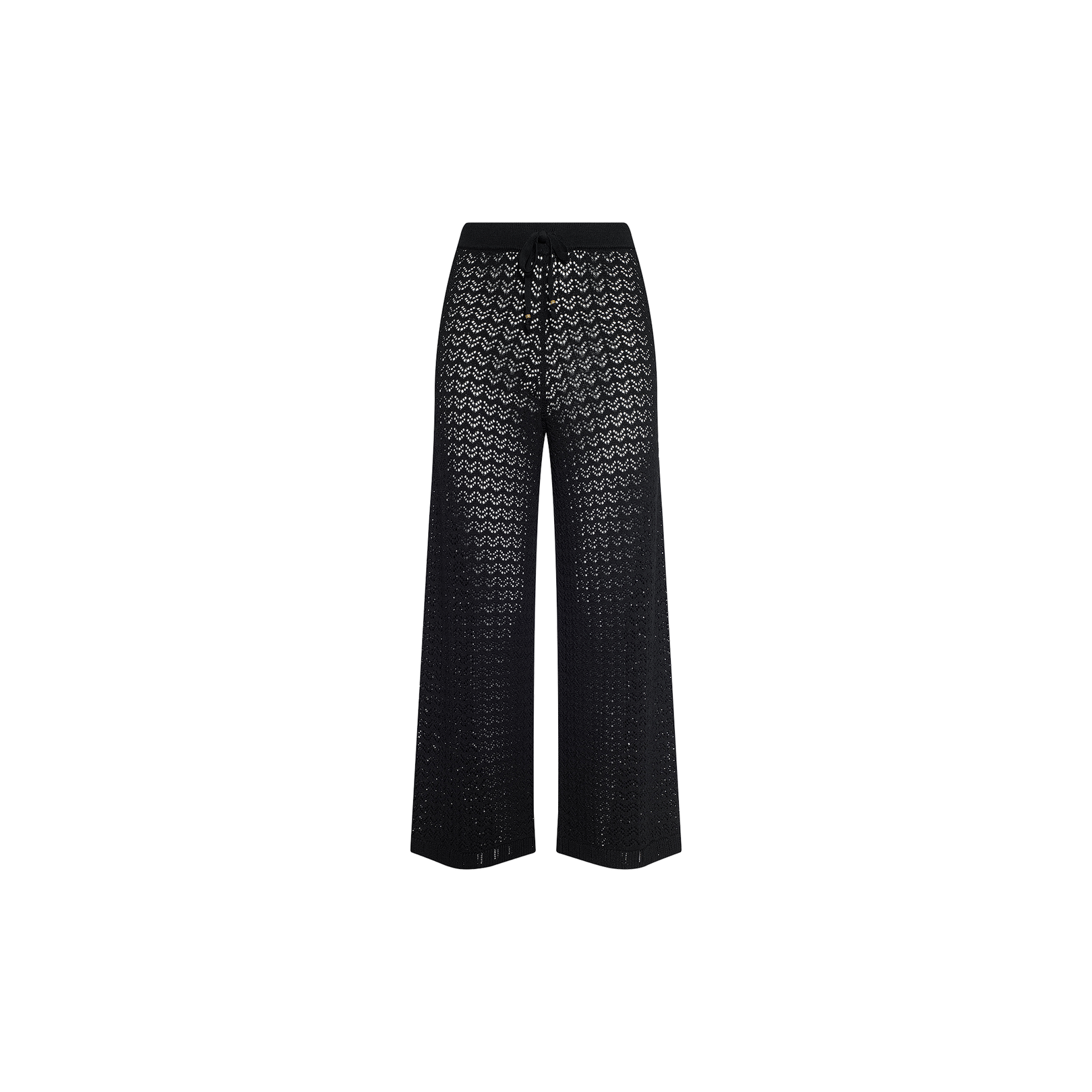 Gaelle Pointelle Knit Pant in black, featuring a wide-leg silhouette with a sheer, lacy zigzag pointelle knit pattern and an elastic waistband, shown against a plain white background.