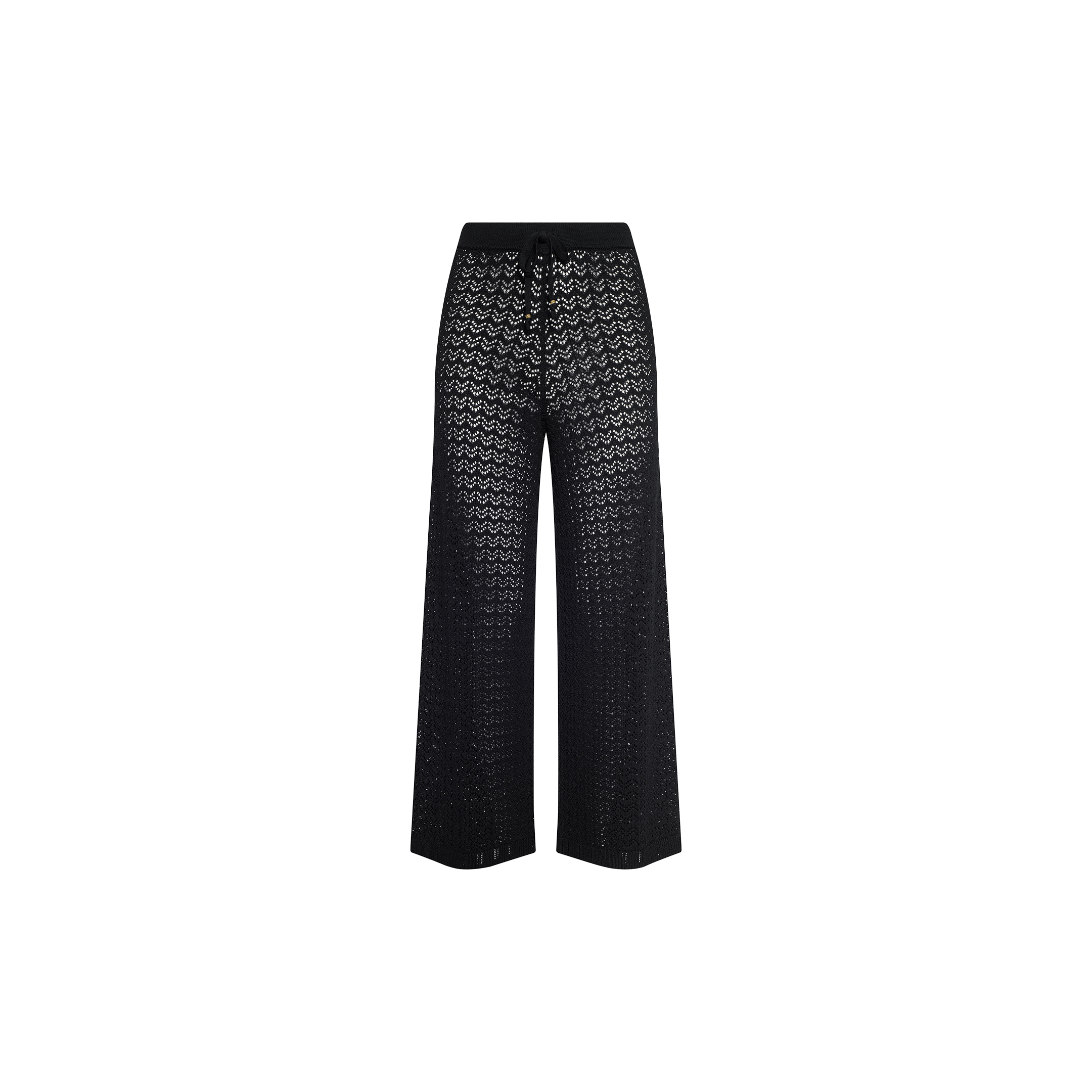 Gaelle Pointelle Knit Pant in black, featuring a wide-leg silhouette with a sheer, lacy zigzag pointelle knit pattern and an elastic waistband, shown against a plain white background.