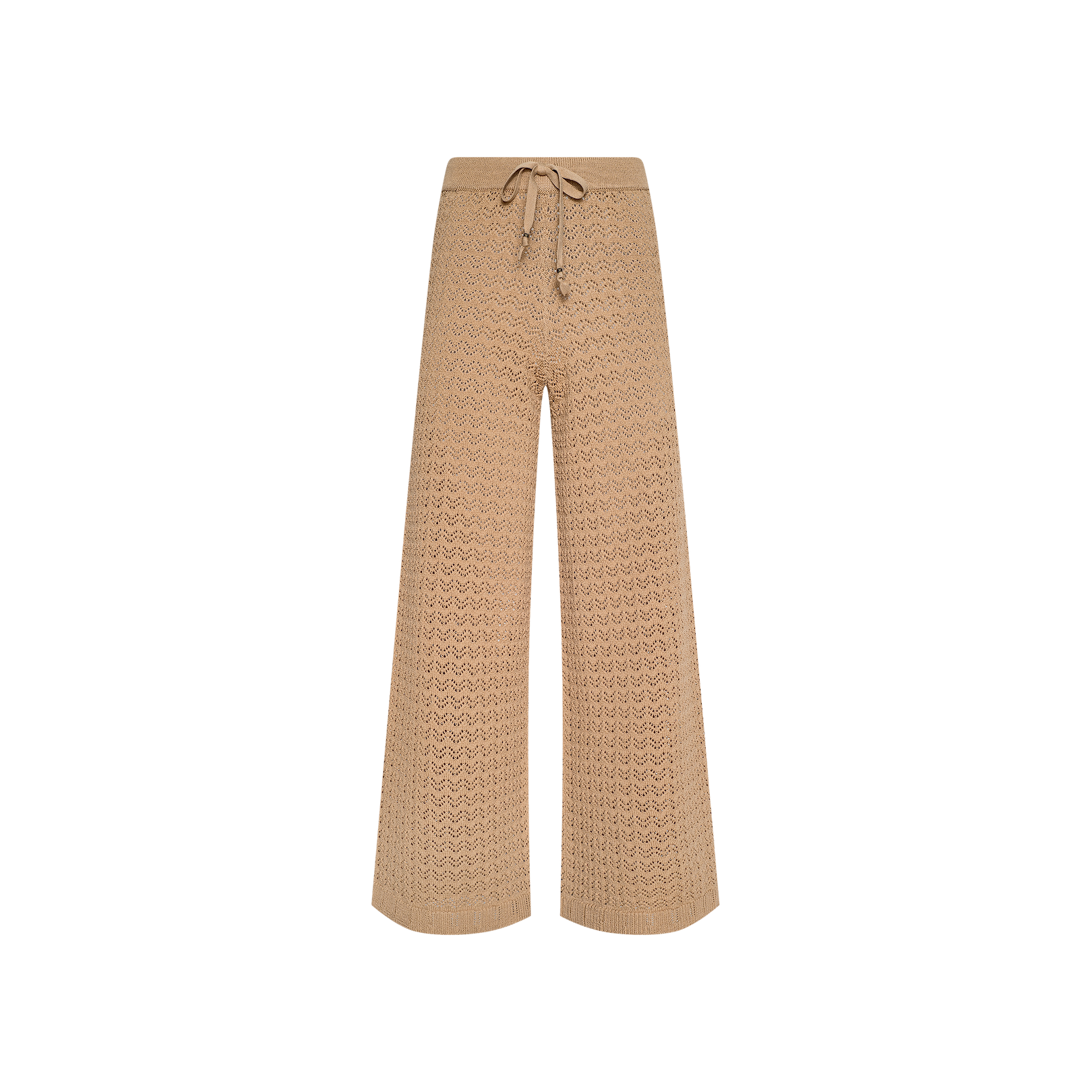 Tan wide-leg Gaelle Pointelle Knit Pant with a drawstring waist, perfect for vacation, displayed on a white background. Lightweight and stylish for warm-weather getaways.