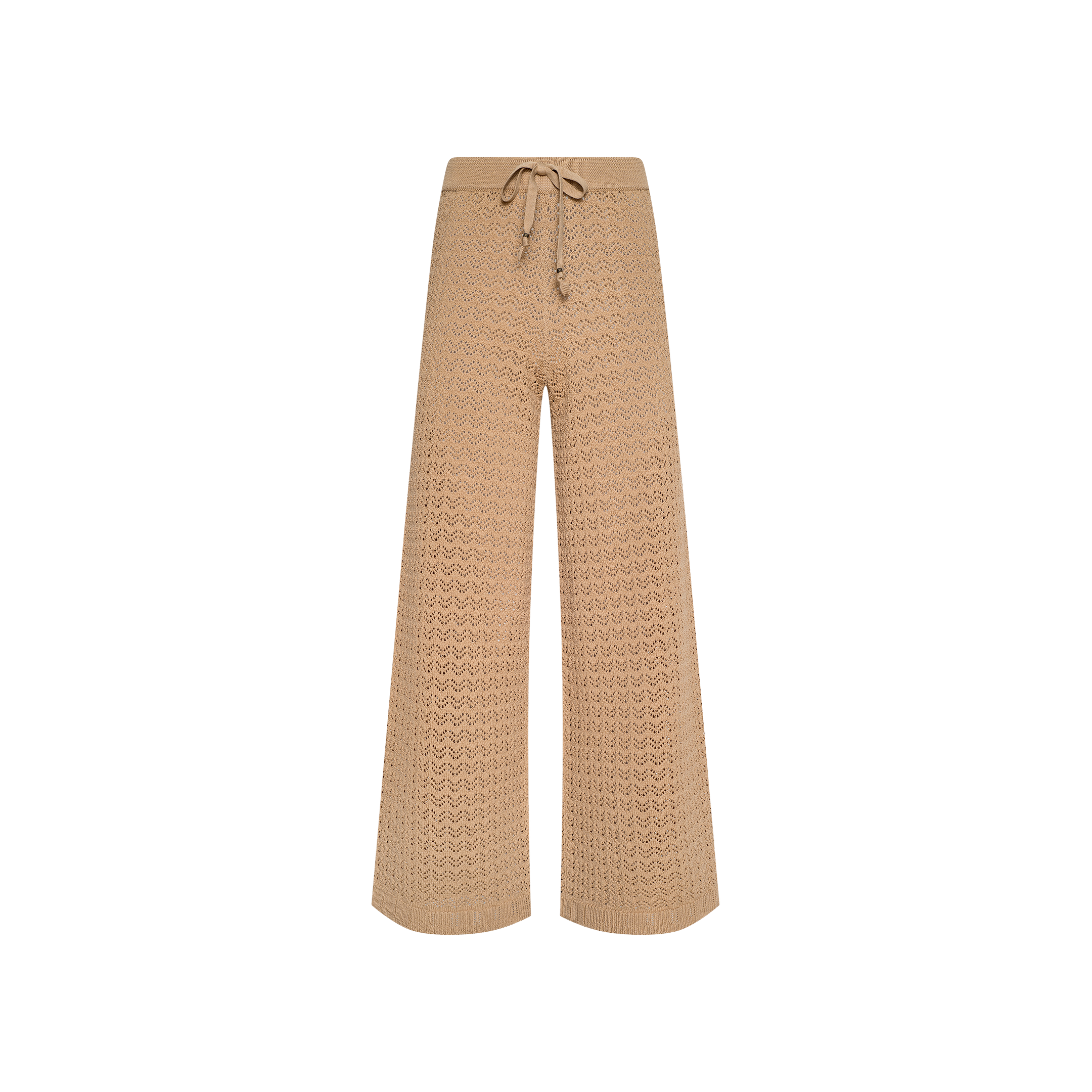 Tan wide-leg Gaelle Pointelle Knit Pant with a drawstring waist, perfect for vacation, displayed on a white background. Lightweight and stylish for warm-weather getaways.