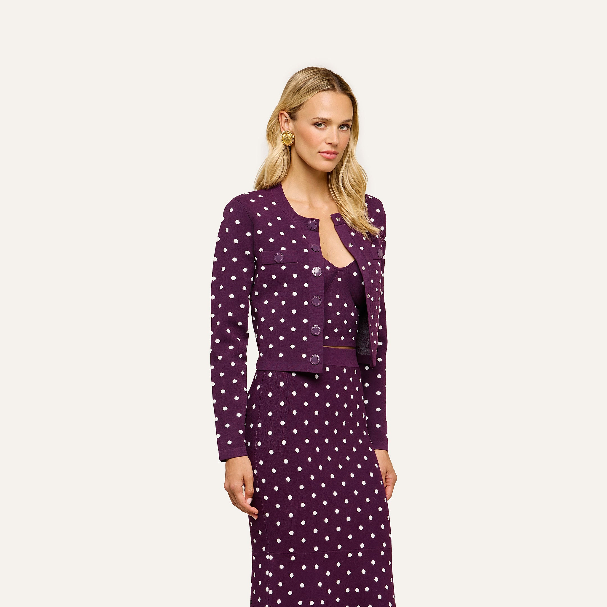 A woman stands against a plain, light background wearing the Kota Cardigan Top—a dark purple polka dot jacket—over a matching dress. She has long blonde hair and a neutral expression.