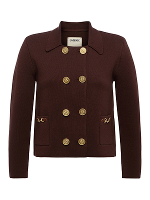 The Madilyn Knit Jacket by L'AGENCE is a dark brown tailored crop blazer featuring a collar, double rows of gold button accents, and two front pockets with gold-tone chain details.