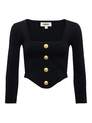 The Sasha Top by L'AGENCE is a black, long-sleeve, square-neck top with a fitted waist and four gold crest buttons on the front, crafted from sculpting stretch knit.