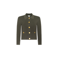 The Osiris Cardigan is a dark green crepe knit sweater featuring a collar, long sleeves, two front pockets, and prominent gold buttons running down the center and accenting the pockets. It is displayed against a white background.