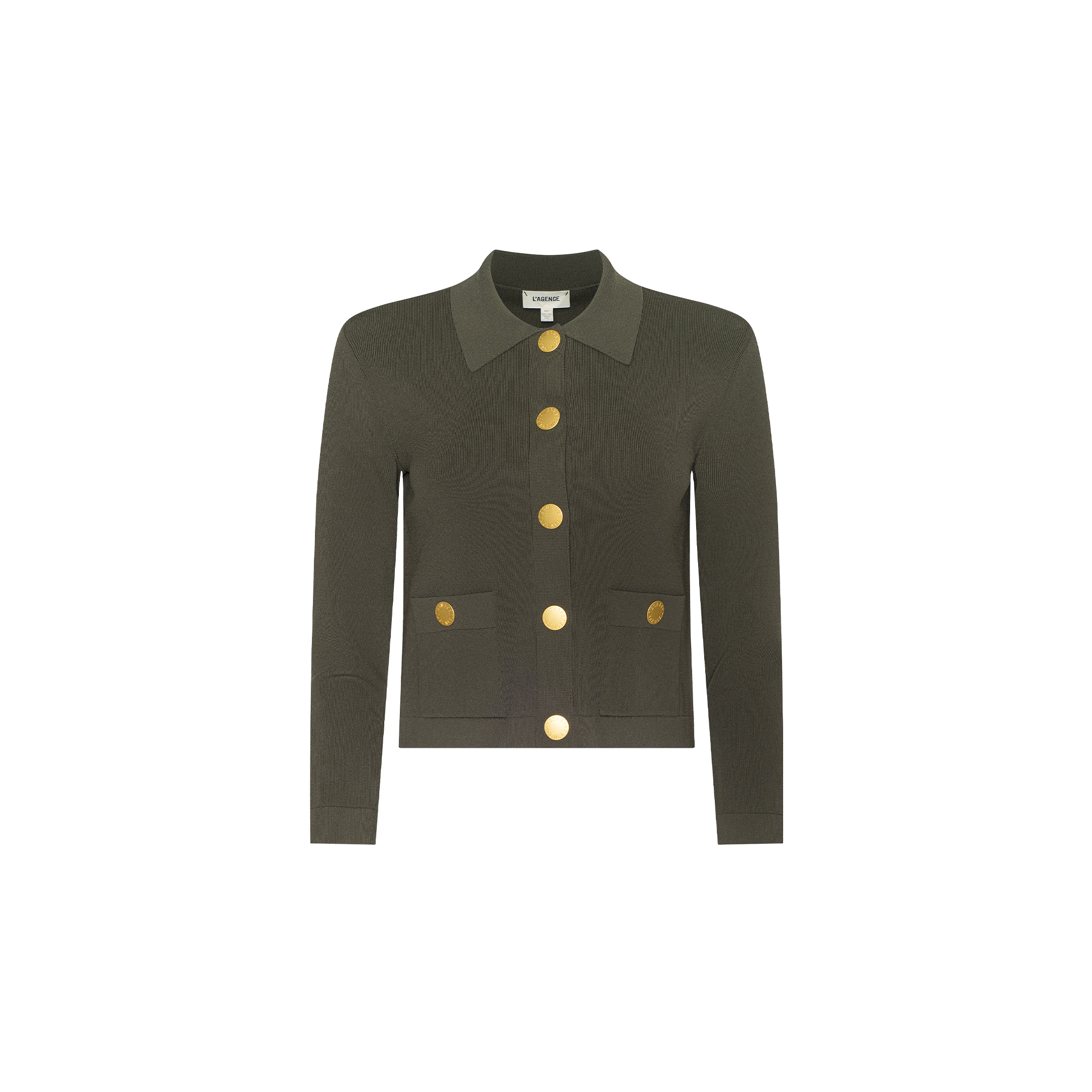 The Osiris Cardigan is a dark green crepe knit sweater featuring a collar, long sleeves, two front pockets, and prominent gold buttons running down the center and accenting the pockets. It is displayed against a white background.