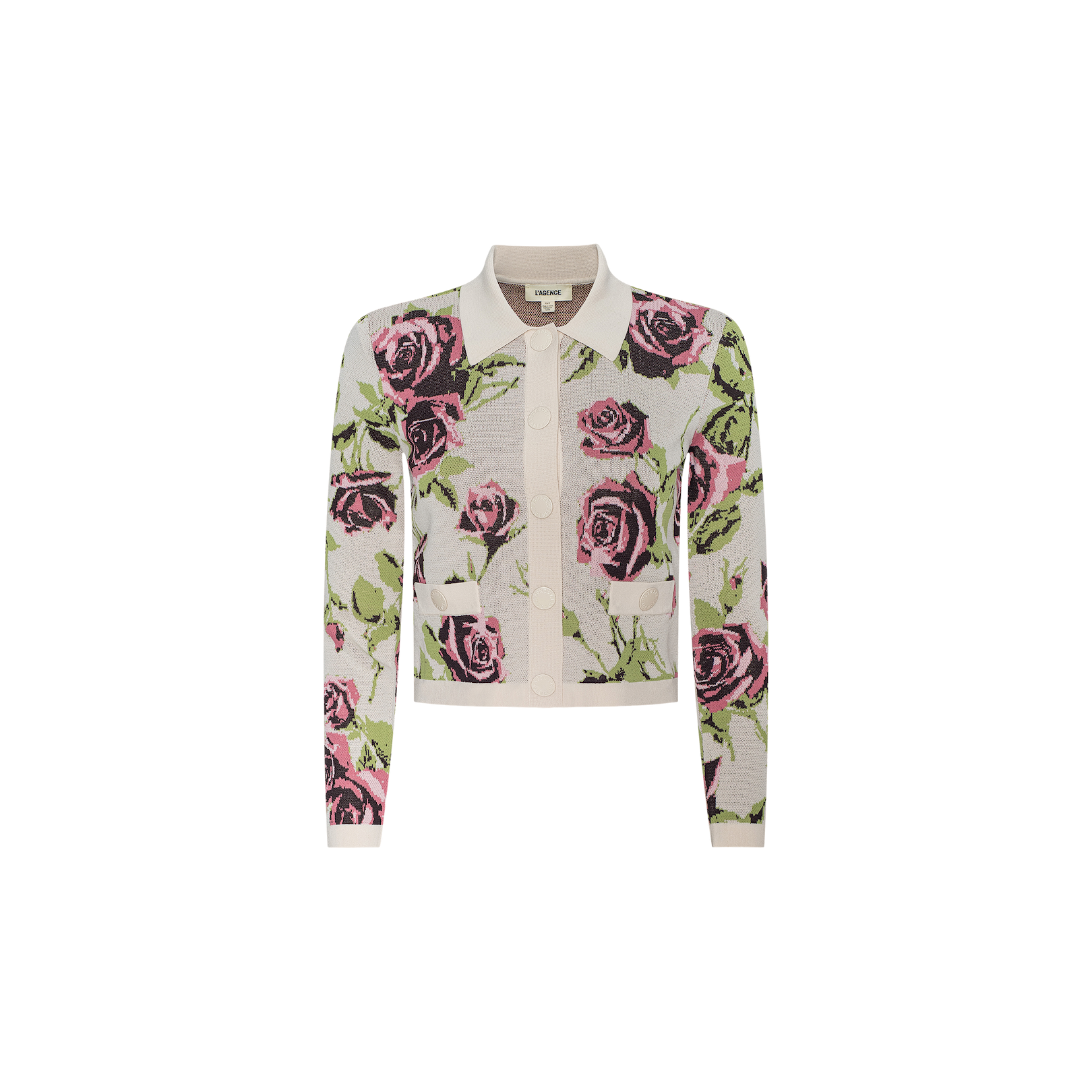 The Osiris Jacquard Cardigan is a long-sleeve knit featuring an elegant rose motif with pink and purple roses and green leaves throughout, detailed with front buttons, two flap pockets, and finished with cream-colored collar, cuffs, and hem.