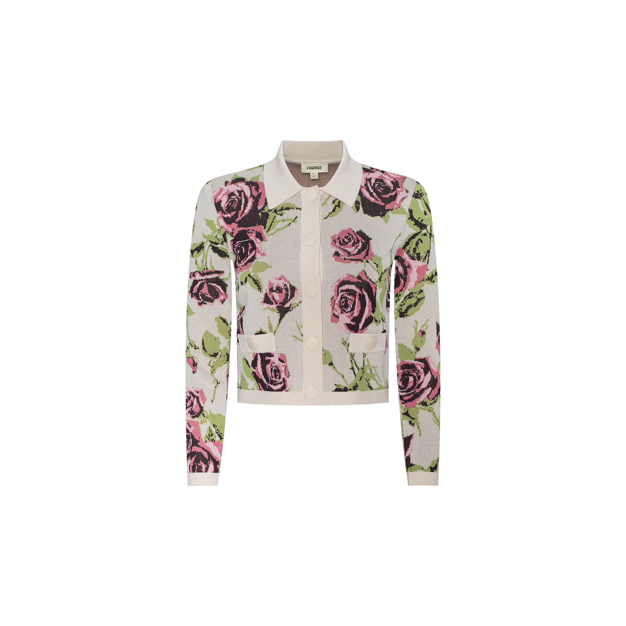 The Osiris Jacquard Cardigan is a long-sleeve knit featuring a pink and green rose motif, white trim, front buttons, two flap pockets, and a white collar, set against a plain background.