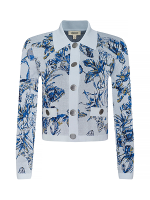 The Osiris Jacquard Cardigan is a long-sleeve light blue knit with a collar, large silver buttons, blue floral pattern, and two front pockets with button details.