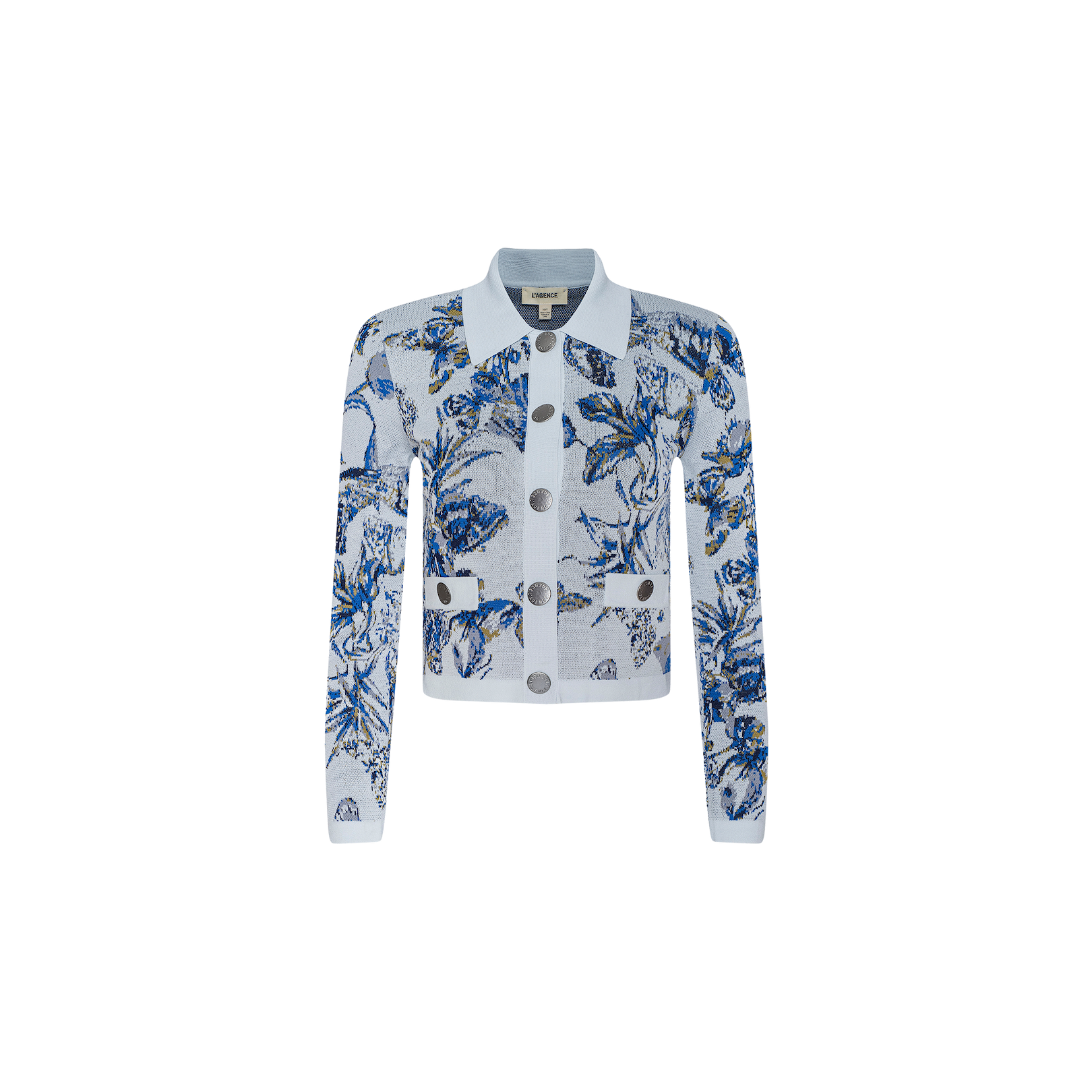 The Osiris Jacquard Cardigan is a light blue, long-sleeve knit cardigan featuring a blue and dark blue floral jacquard pattern, silver buttons, two front pockets, and white collar and cuffs, shown against a plain white background.