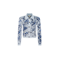 The Osiris Jacquard Cardigan is a light blue long-sleeve cardigan adorned with a floral pattern in blue and navy shades, showcasing large silver buttons, a butterfly motif in jacquard knit, and two front pockets. It is displayed on a plain white background.