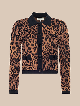 Introducing the Osiris Jacquard Cardigan—a long-sleeved, button-up cardigan designed with a bold brown and black leopard print on a plain beige background. Featuring a soft jacquard knit, this stylish piece is highlighted by its black collar and trim and finished with practical flap pockets for added detail.