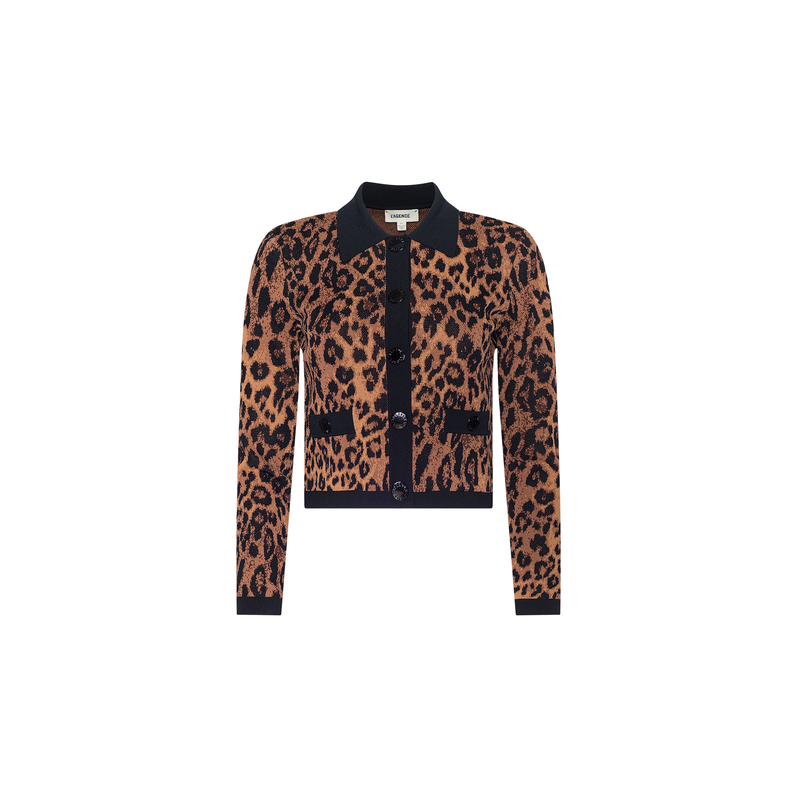 The Osiris Jacquard Cardigan features a leopard print jacquard knit design with black trim along the collar, cuffs, button placket, and flap pockets, shown on a white background.