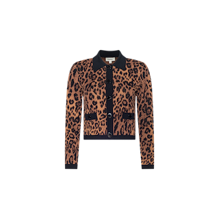 The Osiris Jacquard Cardigan features a leopard print jacquard knit design with black trim along the collar, cuffs, button placket, and flap pockets, shown on a white background.