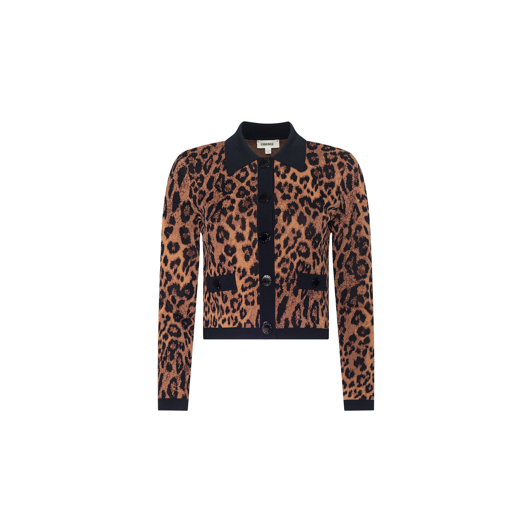 The Osiris Jacquard Cardigan features a leopard print jacquard knit design with black trim along the collar, cuffs, button placket, and flap pockets, shown on a white background.